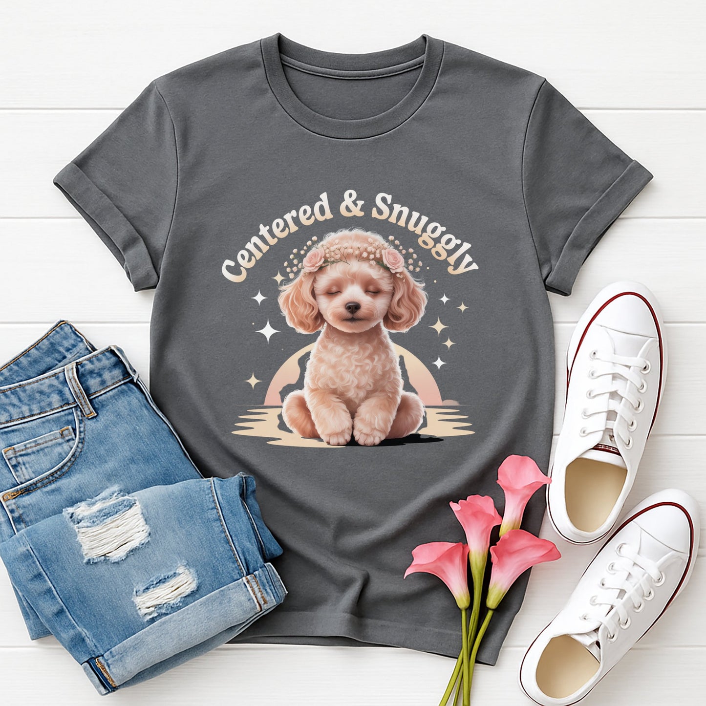 Charcoal Gray Gildan 6400 unisex t-shirt with retro dog graphic and ‘Centered & Snuggly’ text, perfect for dog lovers.