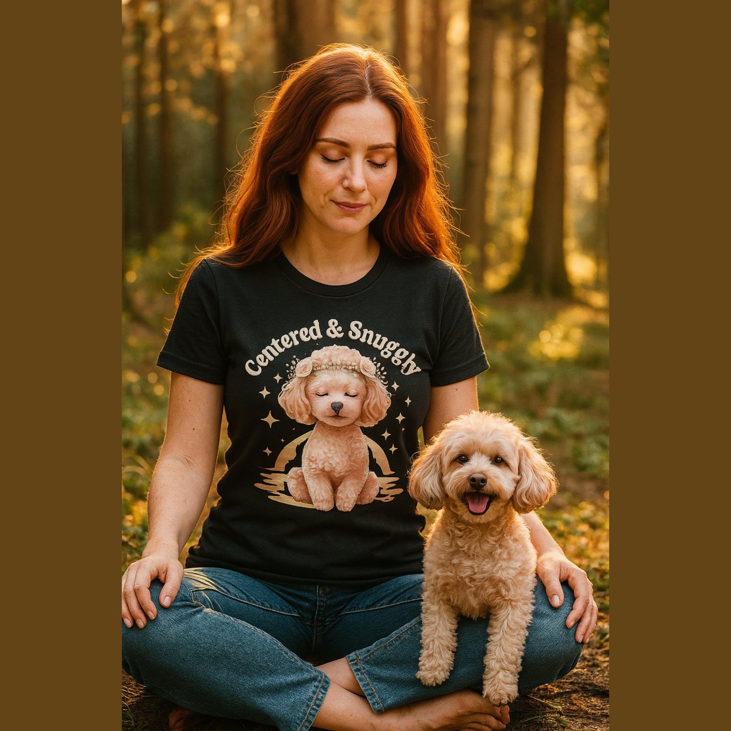 Black unisex t-shirt with retro dog graphic and ‘Centered & Snuggly’ text, perfect for dog lovers.