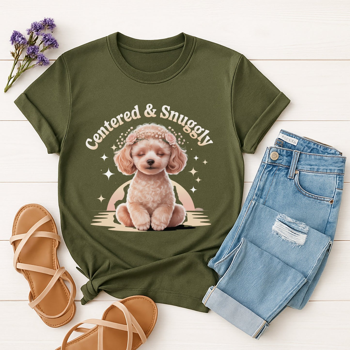 Military Green Gildan 6400 unisex t-shirt with retro dog graphic and ‘Centered & Snuggly’ text, perfect for dog lovers.