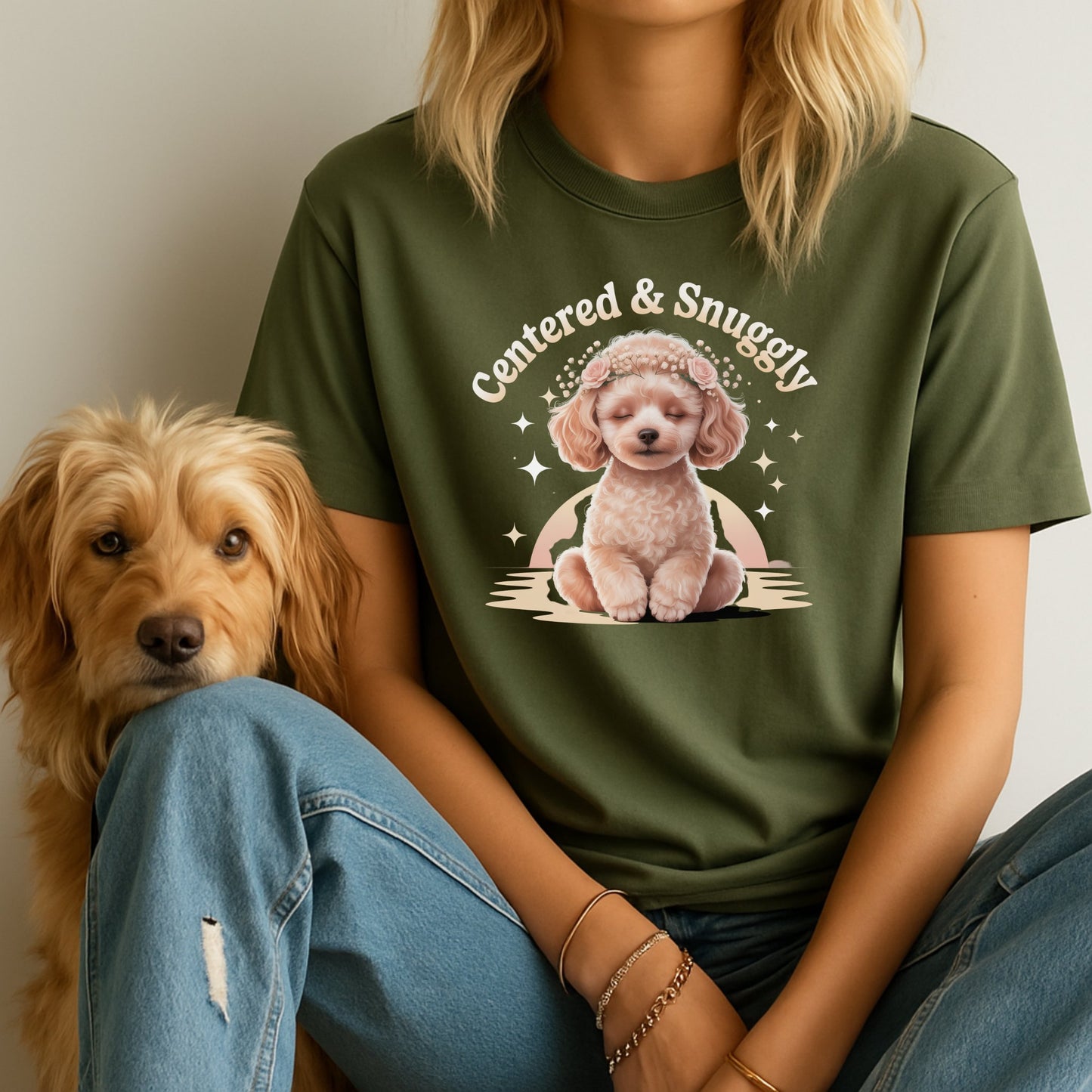 Military Green Gildan 6400 unisex t-shirt with retro dog graphic and ‘Centered & Snuggly’ text, perfect for dog lovers.