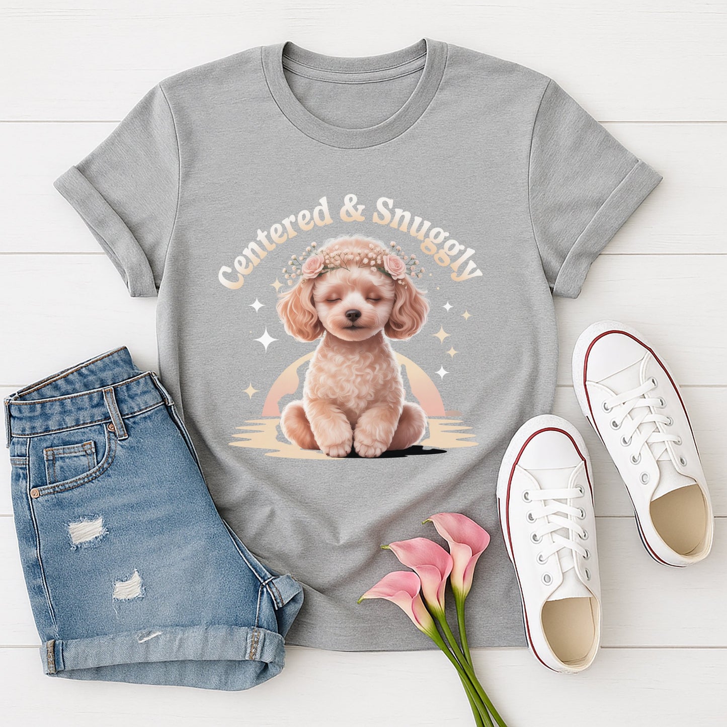 Sport Gray Gildan 6400 unisex t-shirt with retro dog graphic and ‘Centered & Snuggly’ text, perfect for dog lovers.