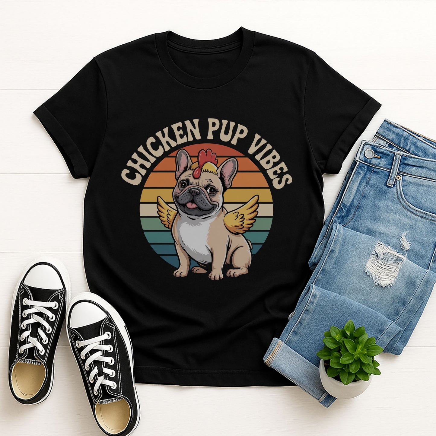 Black Gildan 6400 unisex t-shirt with retro dog graphic and āCHICKEN PUP VIBESā text, perfect for dog lovers.