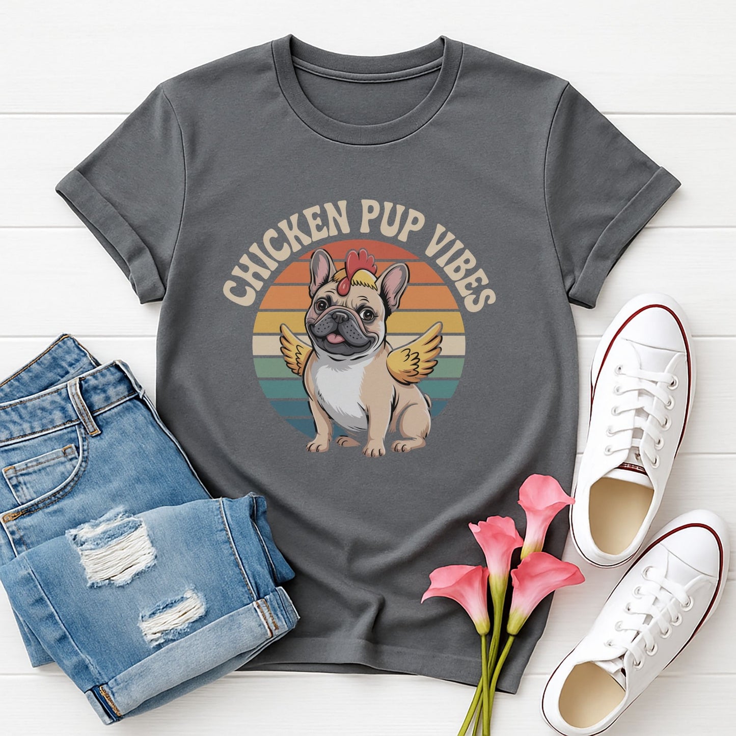 Charcoal Gray Gildan 6400 unisex t-shirt with retro dog graphic and āCHICKEN PUP VIBESā text, perfect for dog lovers.
