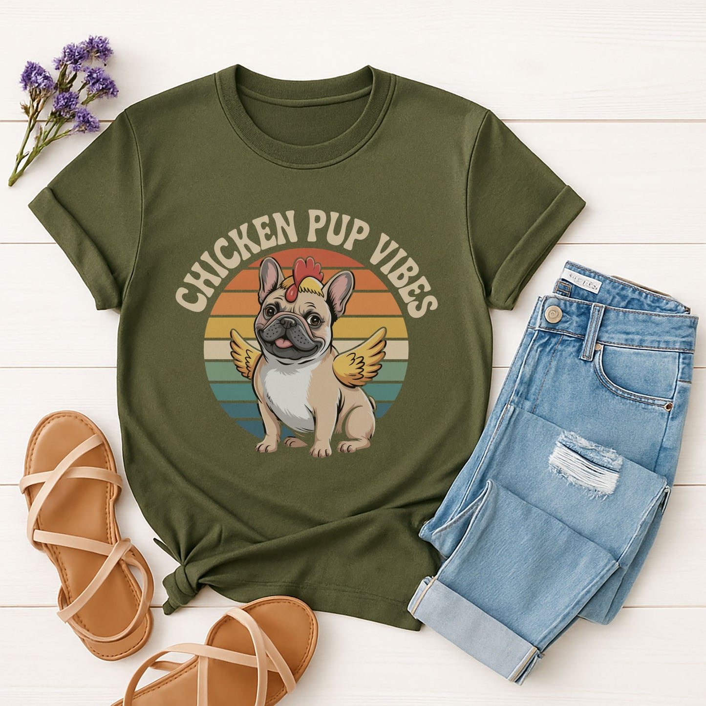 Military Green Gildan 6400 unisex t-shirt with retro dog graphic and āCHICKEN PUP VIBESā text, perfect for dog lovers.