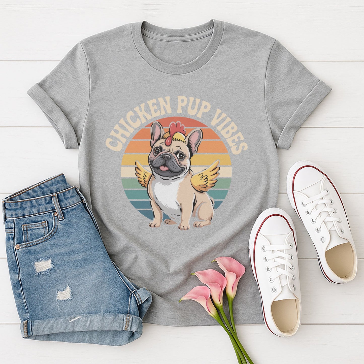 Sport Gray Gildan 6400 unisex t-shirt with retro dog graphic and āCHICKEN PUP VIBESā text, perfect for dog lovers.