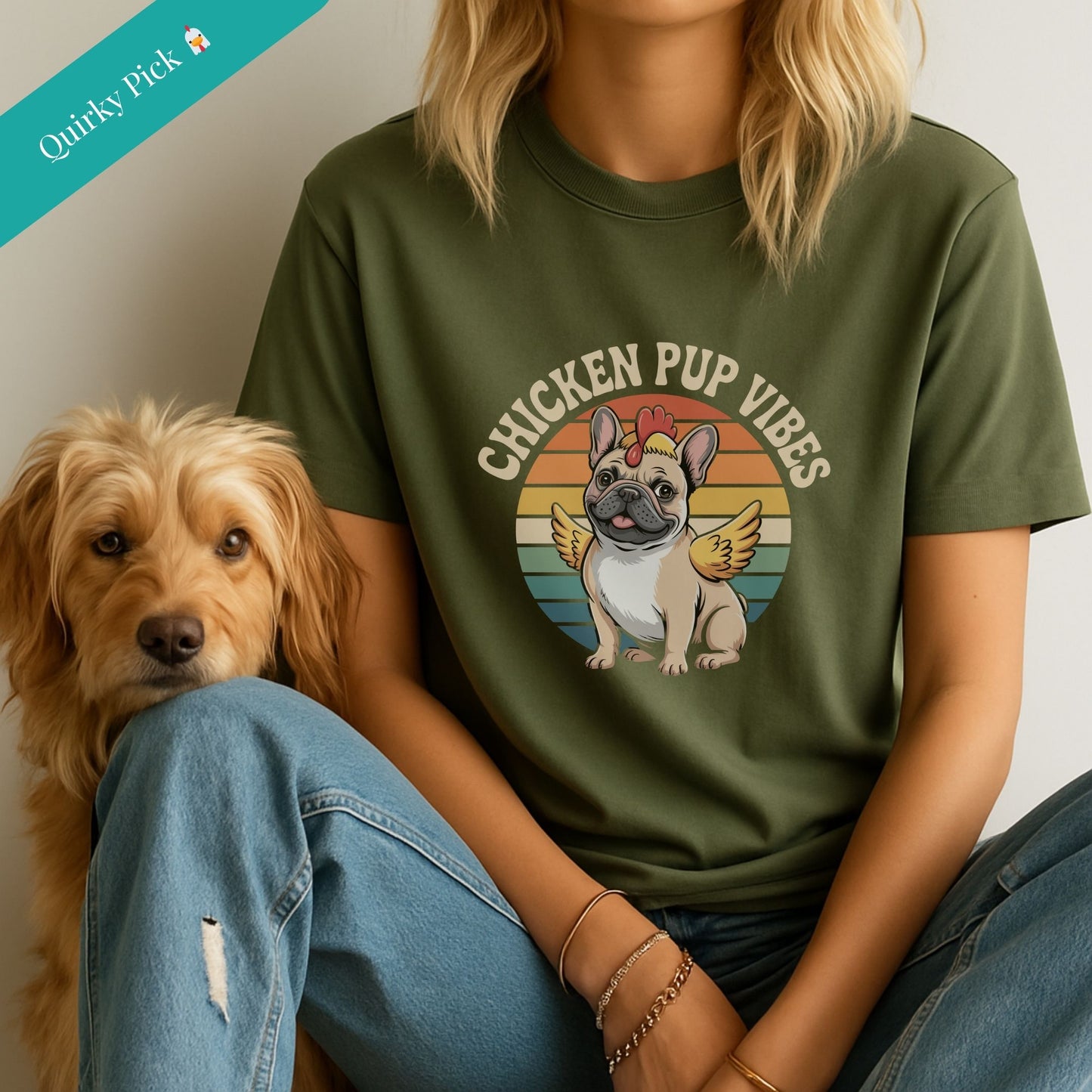 Military Green unisex t-shirt with retro dog graphic and āCHICKEN PUP VIBESā text, perfect for dog lovers.