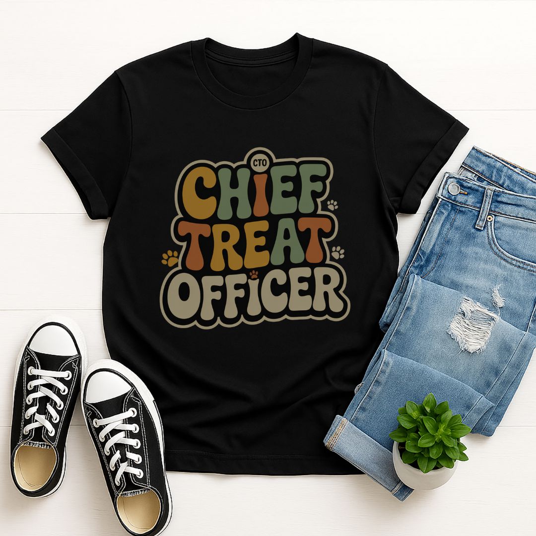 Black Gildan 6400 unisex t-shirt with retro dog graphic and ‘Chief Treat Officer’ text, perfect for dog lovers.