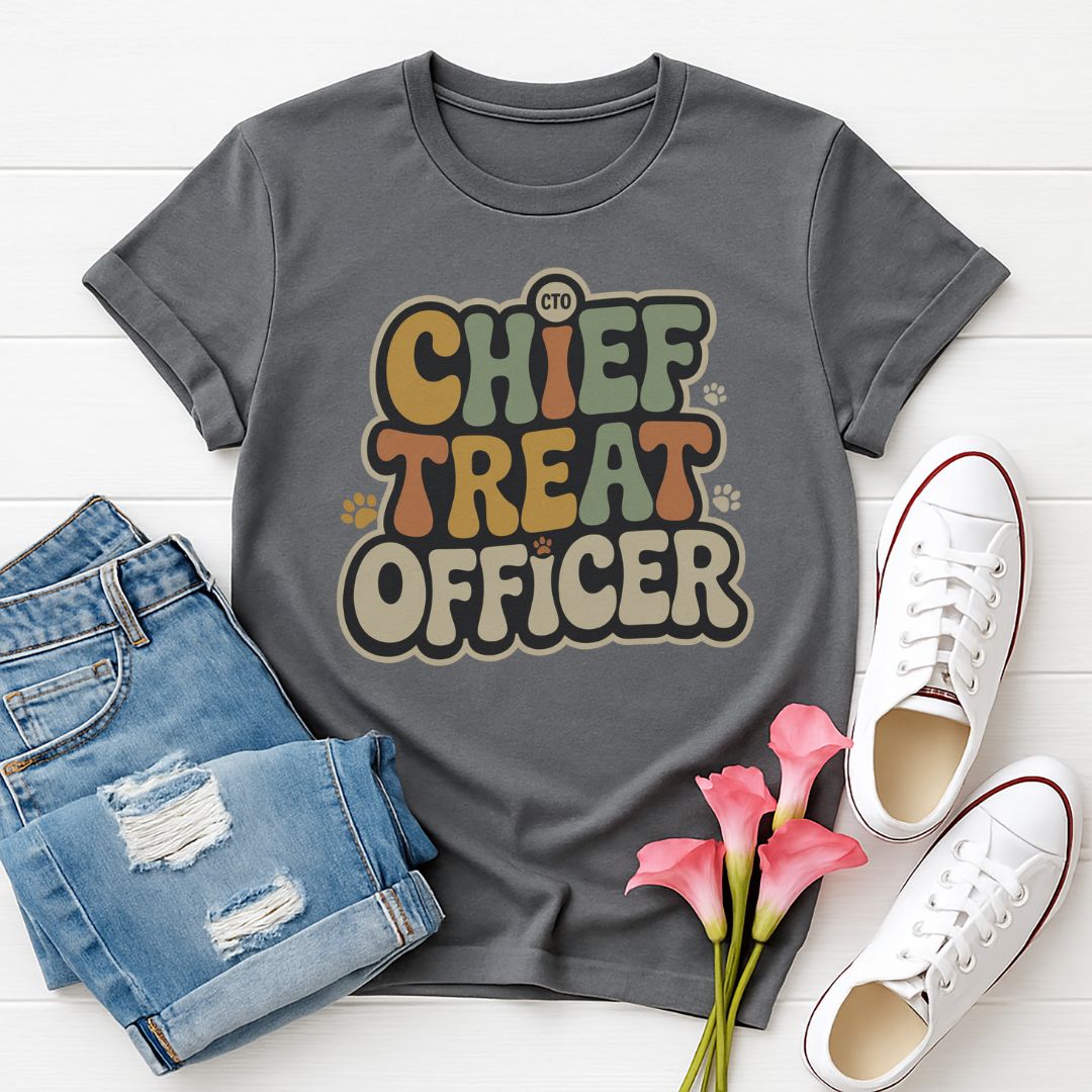 Charcoal Gray Gildan 6400 unisex t-shirt with retro dog graphic and ‘Chief Treat Officer’ text, perfect for dog lovers.