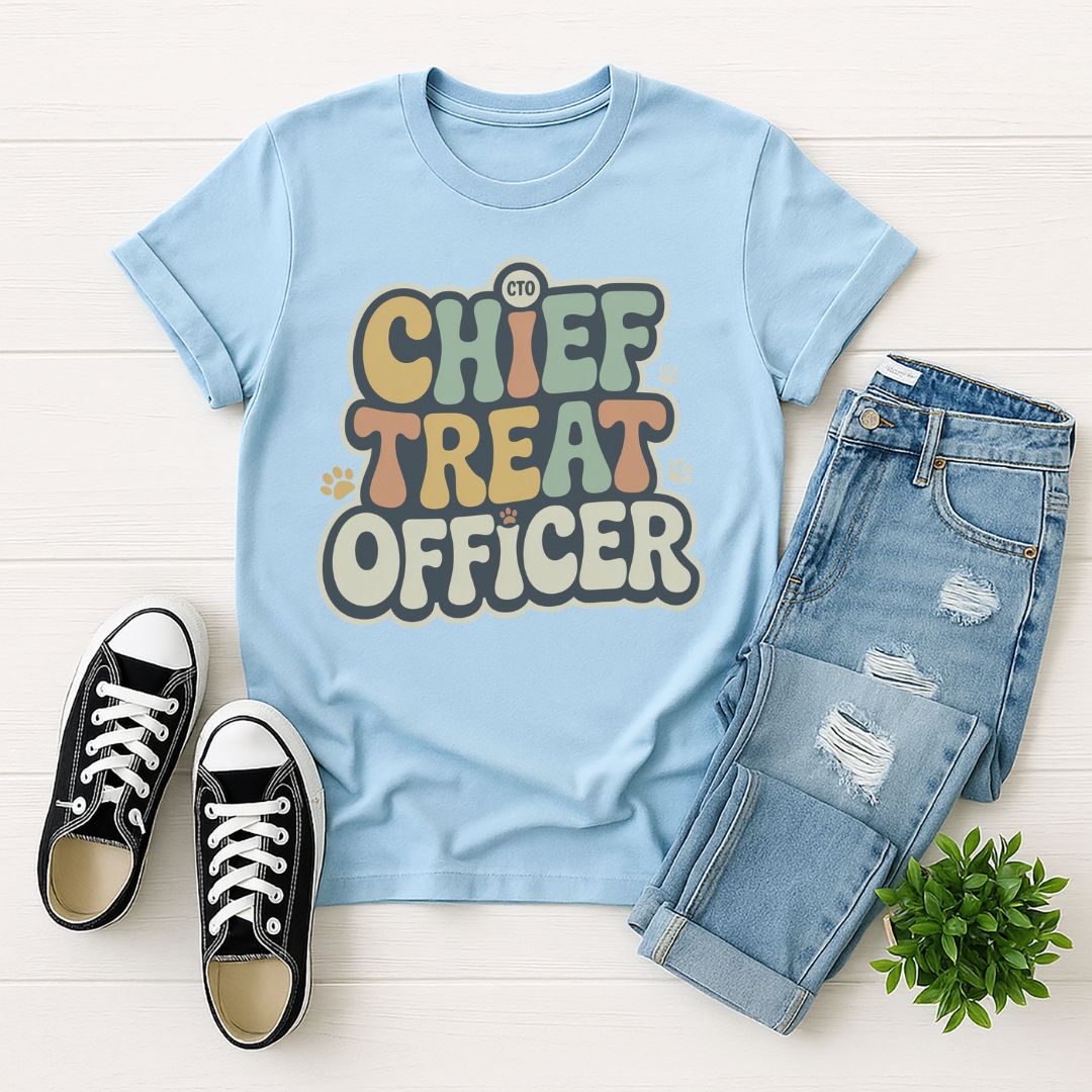 Light Blue Gildan 6400 unisex t-shirt with retro dog graphic and ‘Chief Treat Officer’ text, perfect for dog lovers.