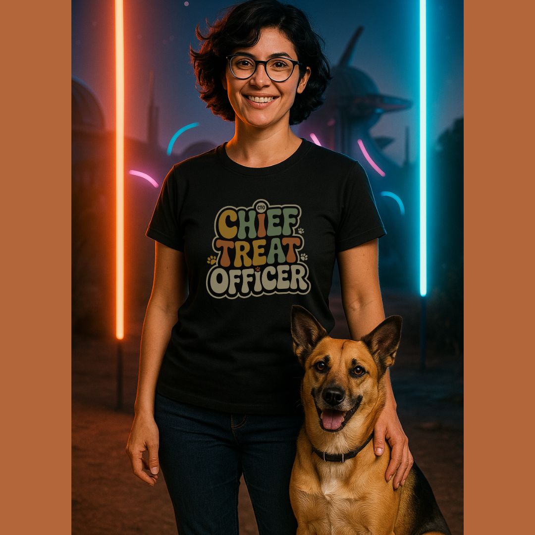 Black unisex t-shirt with retro dog graphic and ‘Chief Treat Officer’ text, perfect for dog lovers.