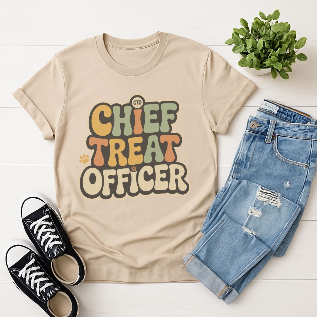 Sand Beige Gildan 6400 unisex t-shirt with retro dog graphic and ‘Chief Treat Officer’ text, perfect for dog lovers.