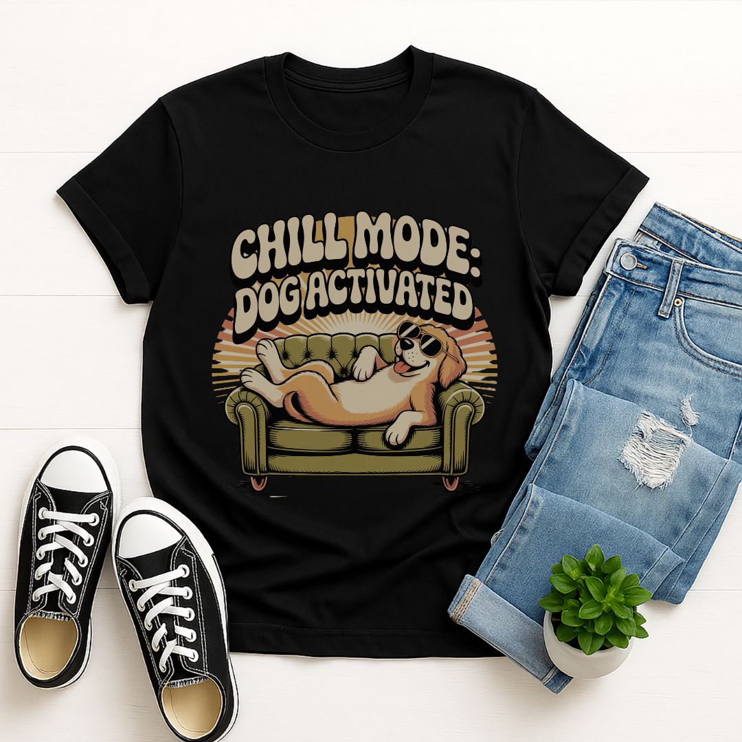Black Gildan 6400 unisex t-shirt with retro dog graphic and ‘Chill Mode Dog Activated’ text, perfect for dog lovers.