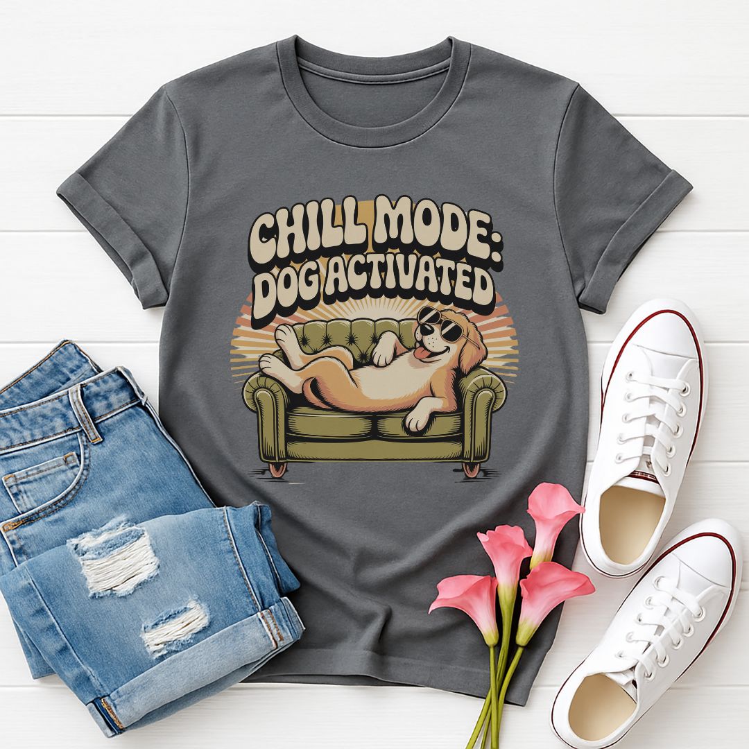 Charcoal Gildan 6400 unisex t-shirt with retro dog graphic and ‘Chill Mode Dog Activated’ text, perfect for dog lovers.