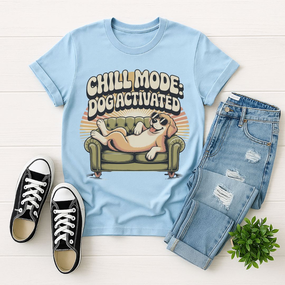 Light Blue Gildan 6400 unisex t-shirt with retro dog graphic and ‘Chill Mode Dog Activated’ text, perfect for dog lovers.