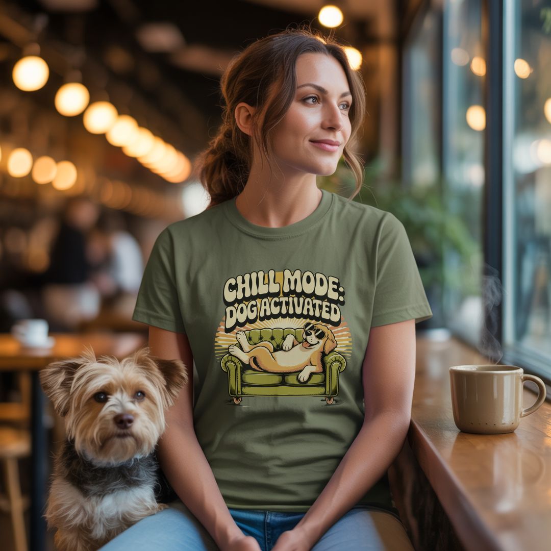 Unisex t-shirt with retro dog graphic and ‘Chill Mode Dog Activated’ text, perfect for dog lovers.