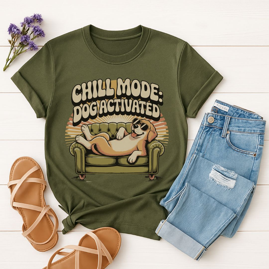 Military Green Gildan 6400 unisex t-shirt with retro dog graphic and ‘Chill Mode Dog Activated’ text, perfect for dog lovers.