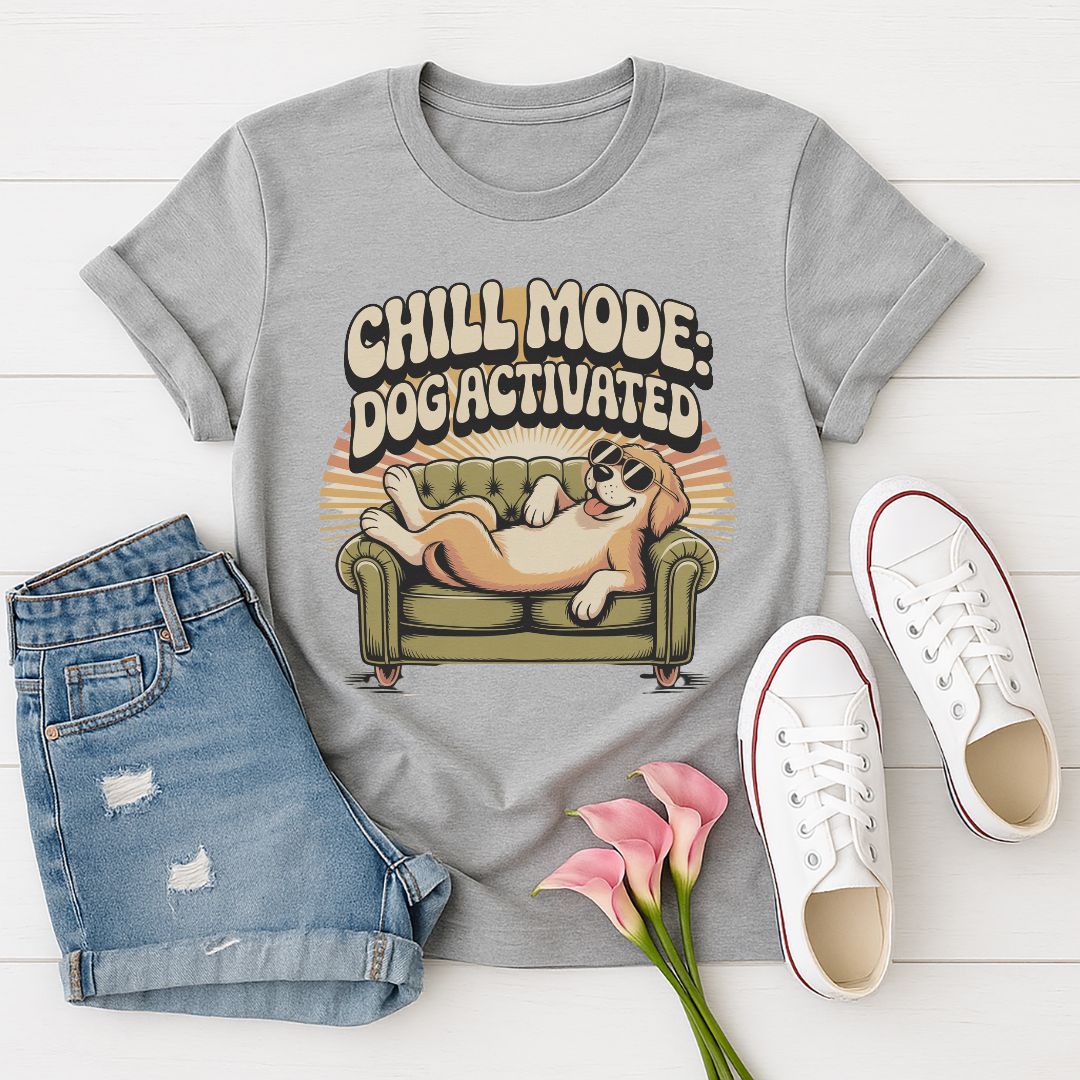 Sport Gray Gildan 6400 unisex t-shirt with retro dog graphic and ‘Chill Mode Dog Activated’ text, perfect for dog lovers.