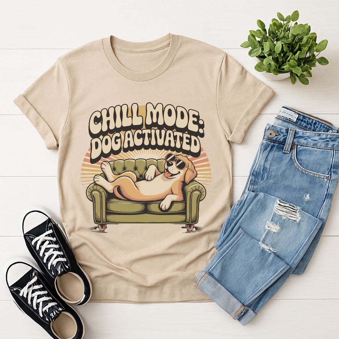 Sand Beige Gildan 6400 unisex t-shirt with retro dog graphic and ‘Chill Mode Dog Activated’ text, perfect for dog lovers.
