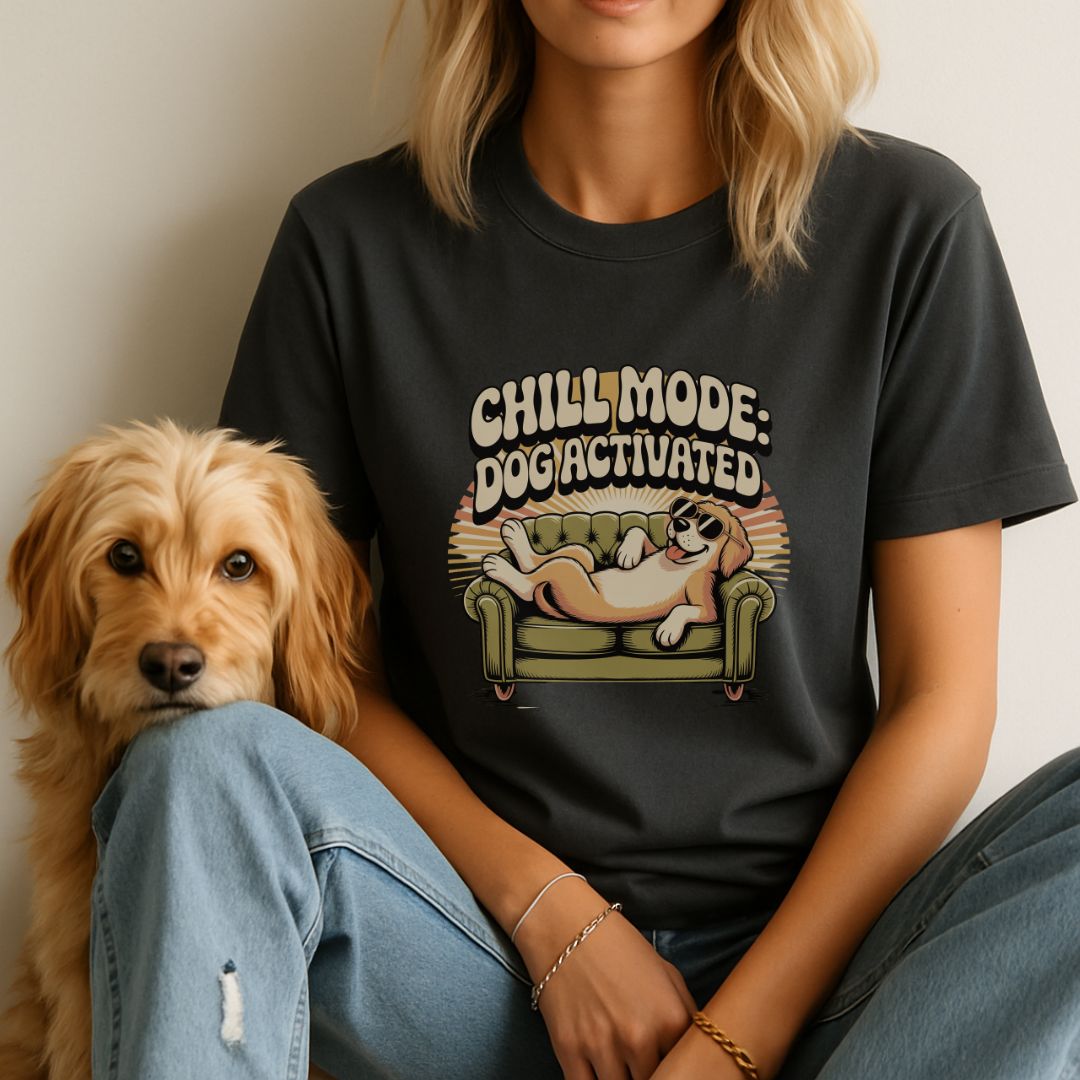 Unisex t-shirt with retro dog graphic and ‘Chill Mode Dog Activated’ text, perfect for dog lovers mockup image.