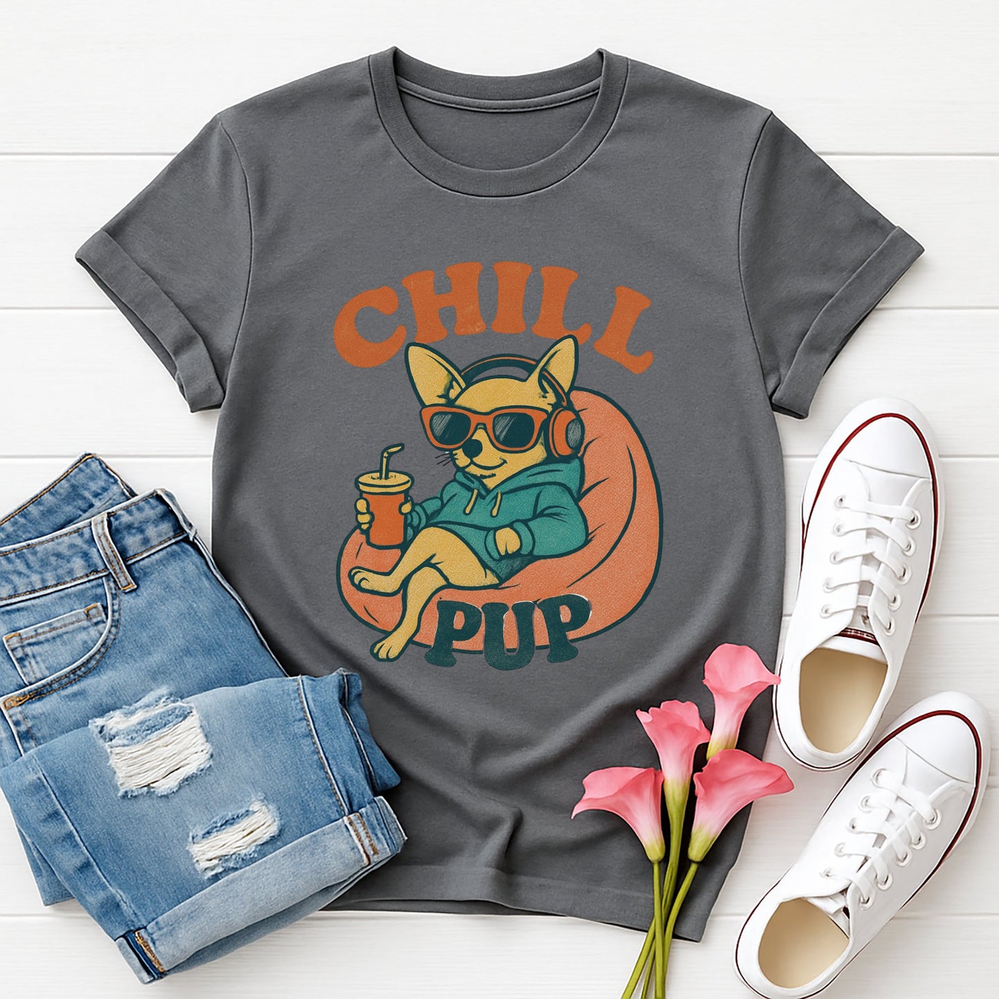 Charcoal Gray Gildan 6400 unisex t-shirt with retro dog graphic and ‘Chill Pup’ text, perfect for dog lovers.