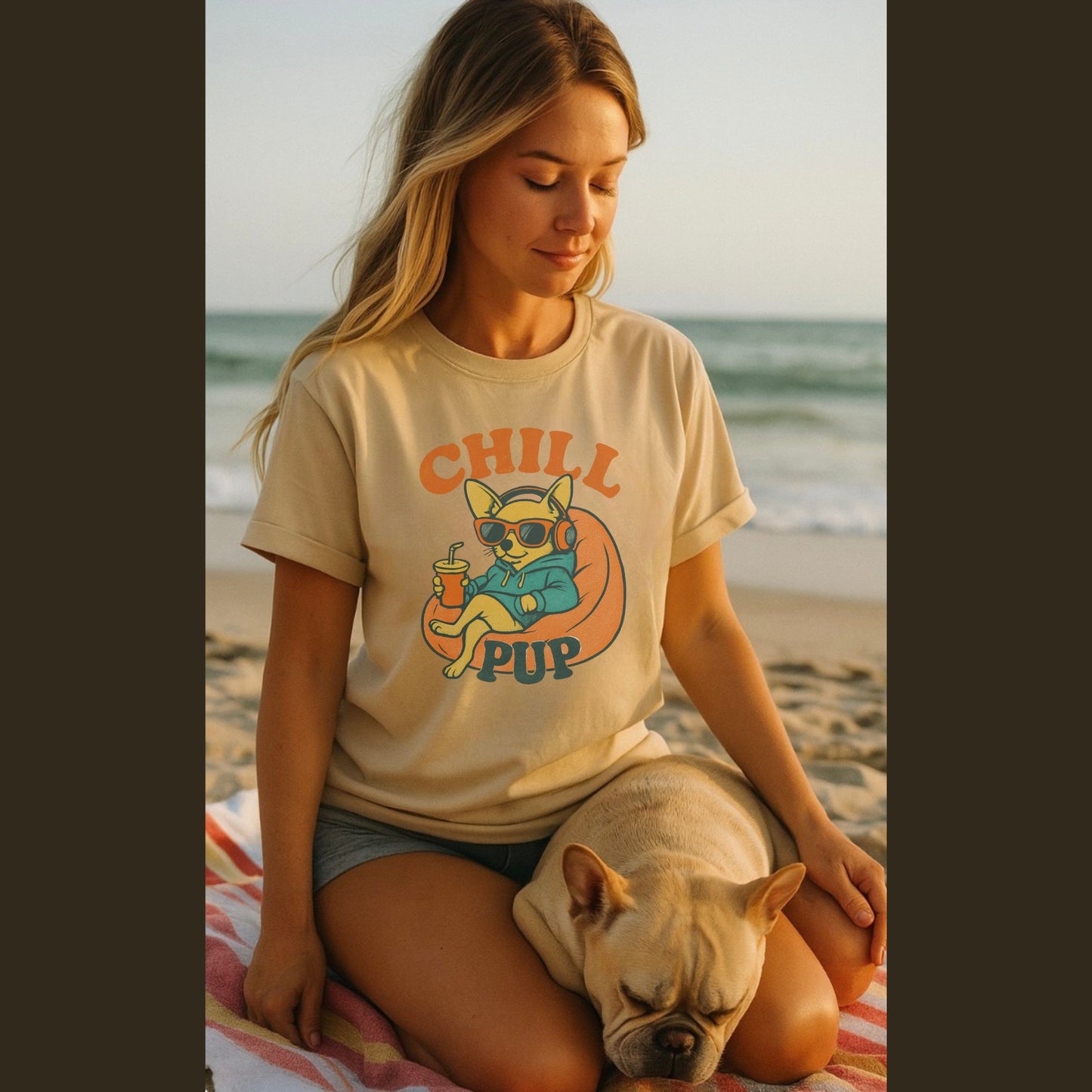 Sand Beige Gildan 6400 unisex t-shirt with retro dog graphic and ‘Chill Pup’ text, perfect for dog lovers.