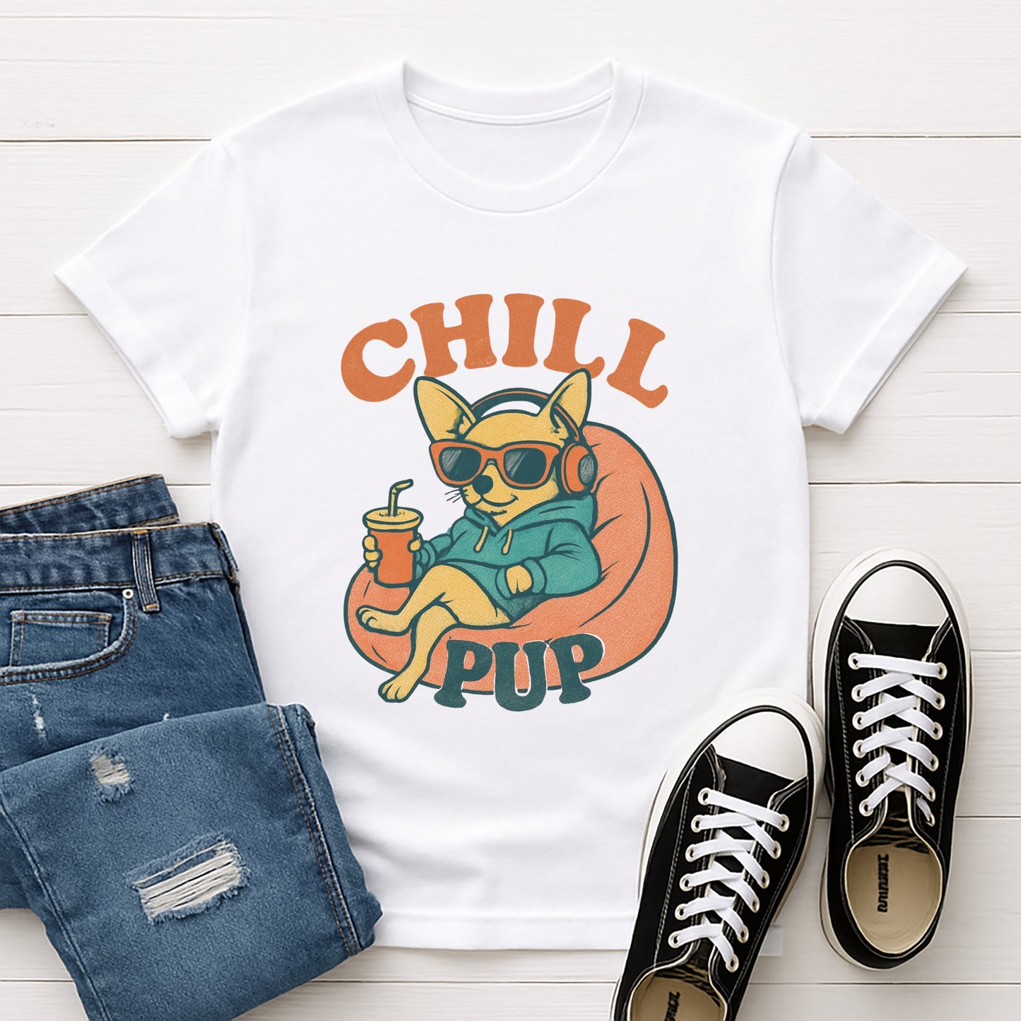 White Gildan 6400 unisex t-shirt with retro dog graphic and ‘Chill Pup’ text, perfect for dog lovers.