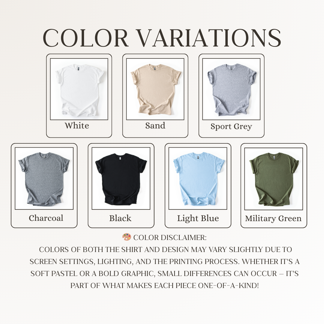 Color variations of shirts displayed with labels on a white background.