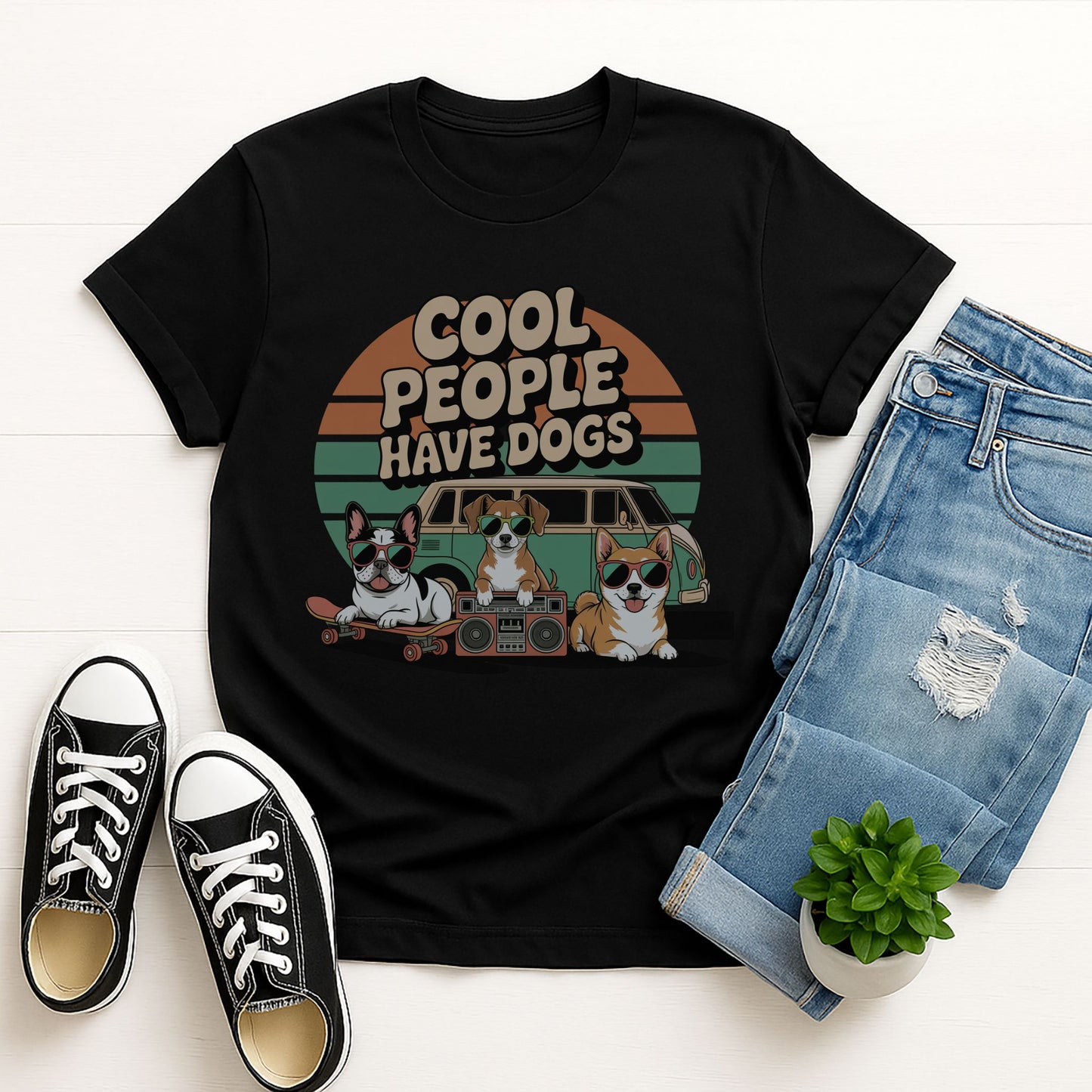 Black Gildan 6400 unisex t-shirt with retro dog graphic and ‘Cool People Have Dogs' text, perfect for dog lovers.
