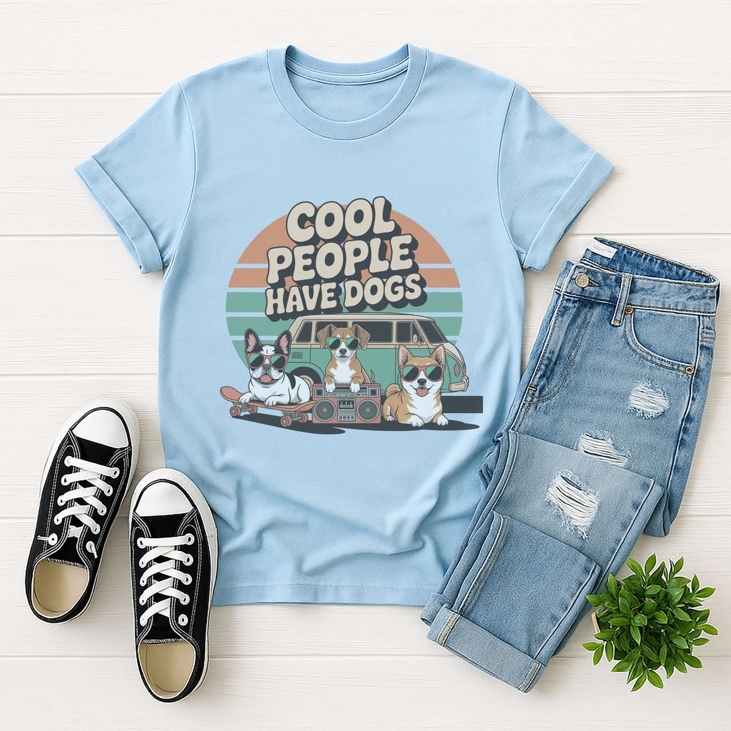 Light blue Gildan 6400 unisex t-shirt with retro dog graphic and ‘Cool People Have Dogs' text, perfect for dog lovers.