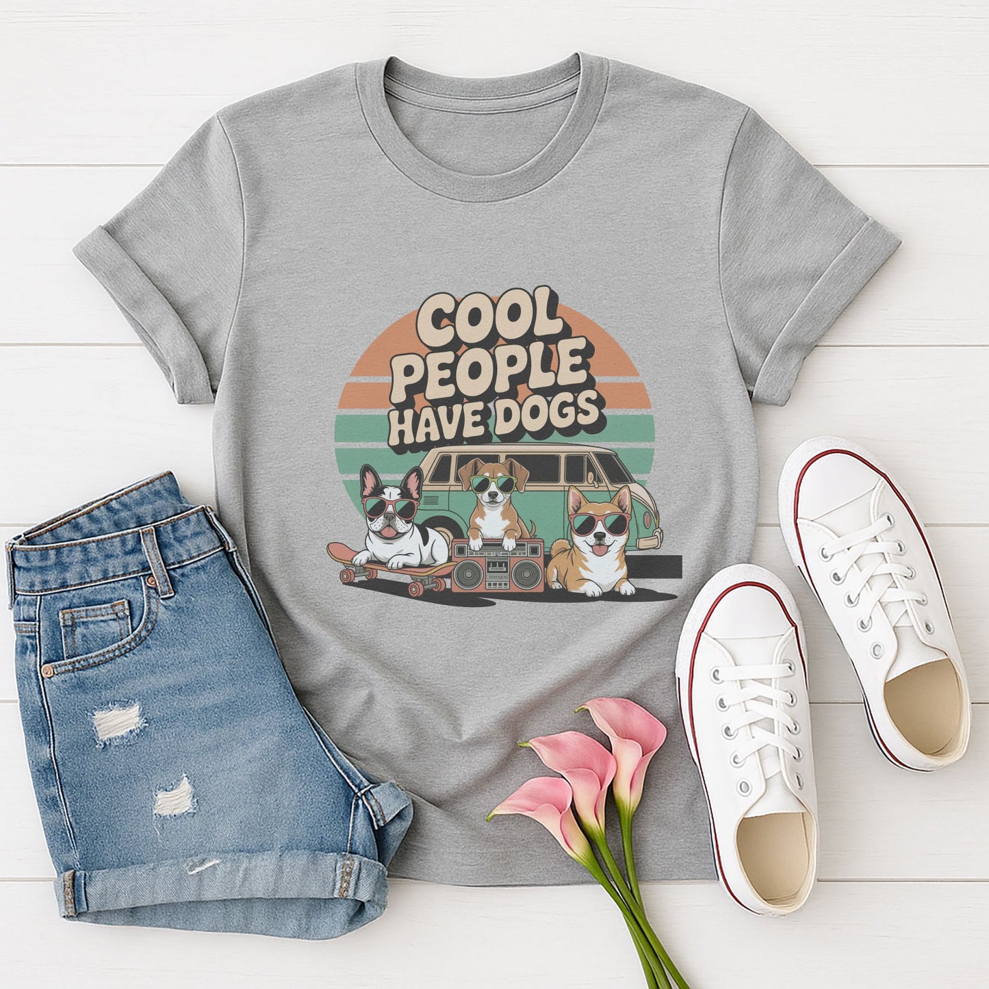 Sport Gray Gildan 6400 unisex t-shirt with retro dog graphic and ‘Cool People Have Dogs' text, perfect for dog lovers.