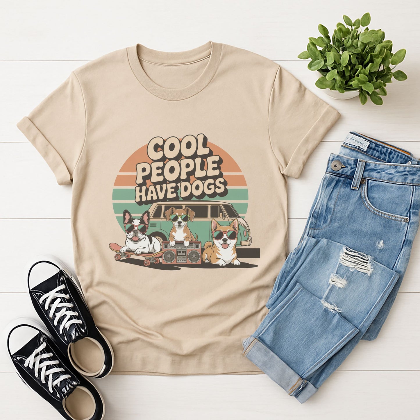Sand Beige Gildan 6400 unisex t-shirt with retro dog graphic and ‘Cool People Have Dogs' text, perfect for dog lovers.