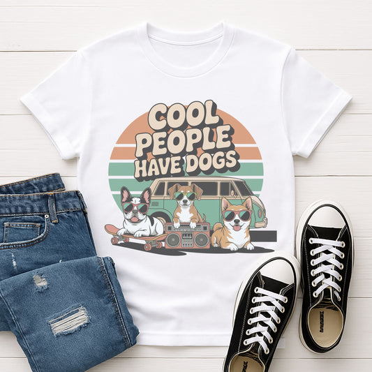 White Gildan 6400 unisex t-shirt with retro dog graphic and ‘Cool People Have Dogs' text, perfect for dog lovers.