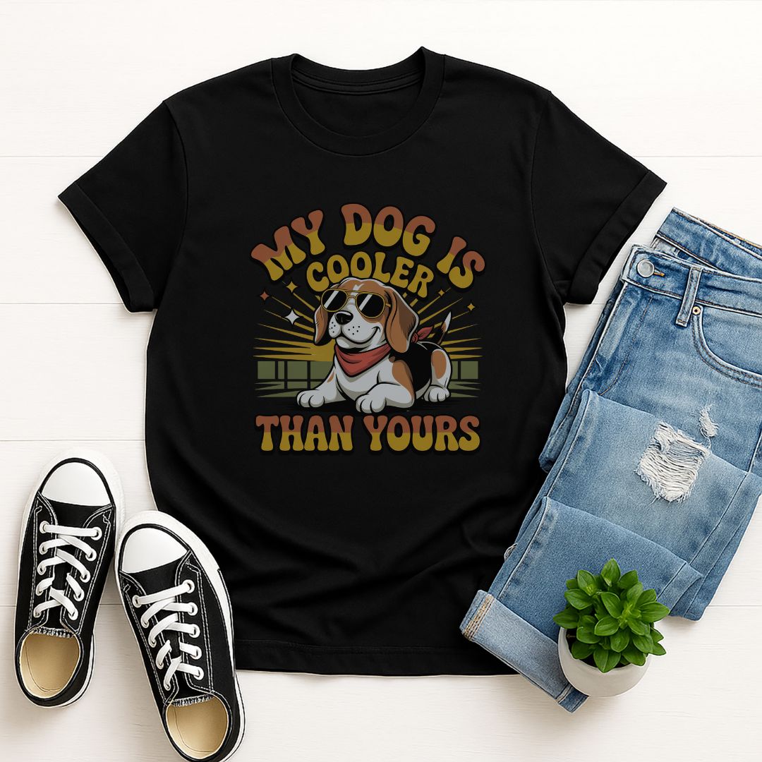 Black Gildan 6400 unisex t-shirt with retro dog graphic and ‘My Dog Is Cooler Than Yours’ text, perfect for dog lovers.