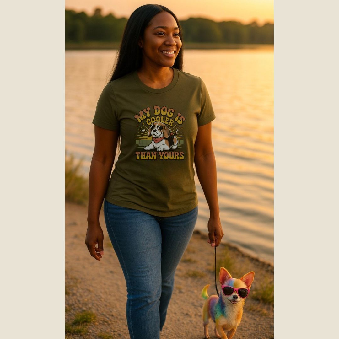 Unisex t-shirt with retro dog graphic and ‘My Dog Is Cooler Than Yours’ text, perfect for dog lovers.
