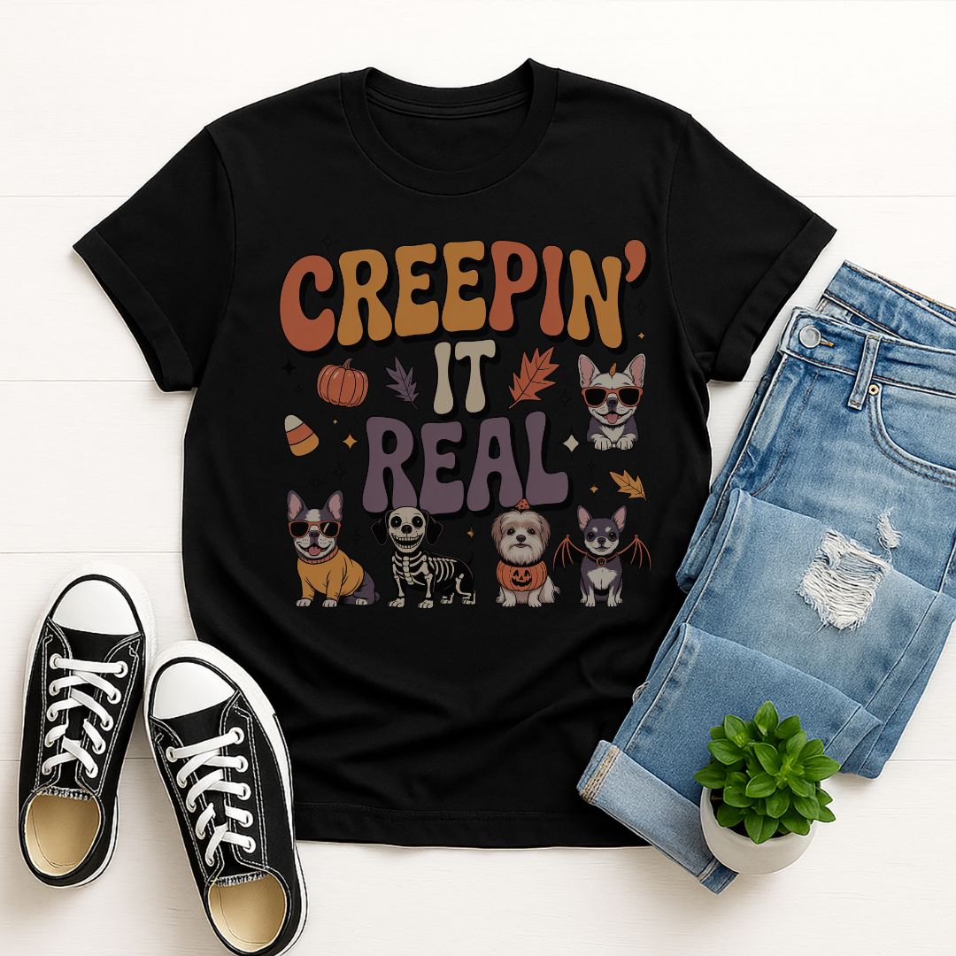 Black Gildan 6400 unisex t-shirt with retro dog graphic and ‘Creepin' It Real' text, perfect for dog lovers.