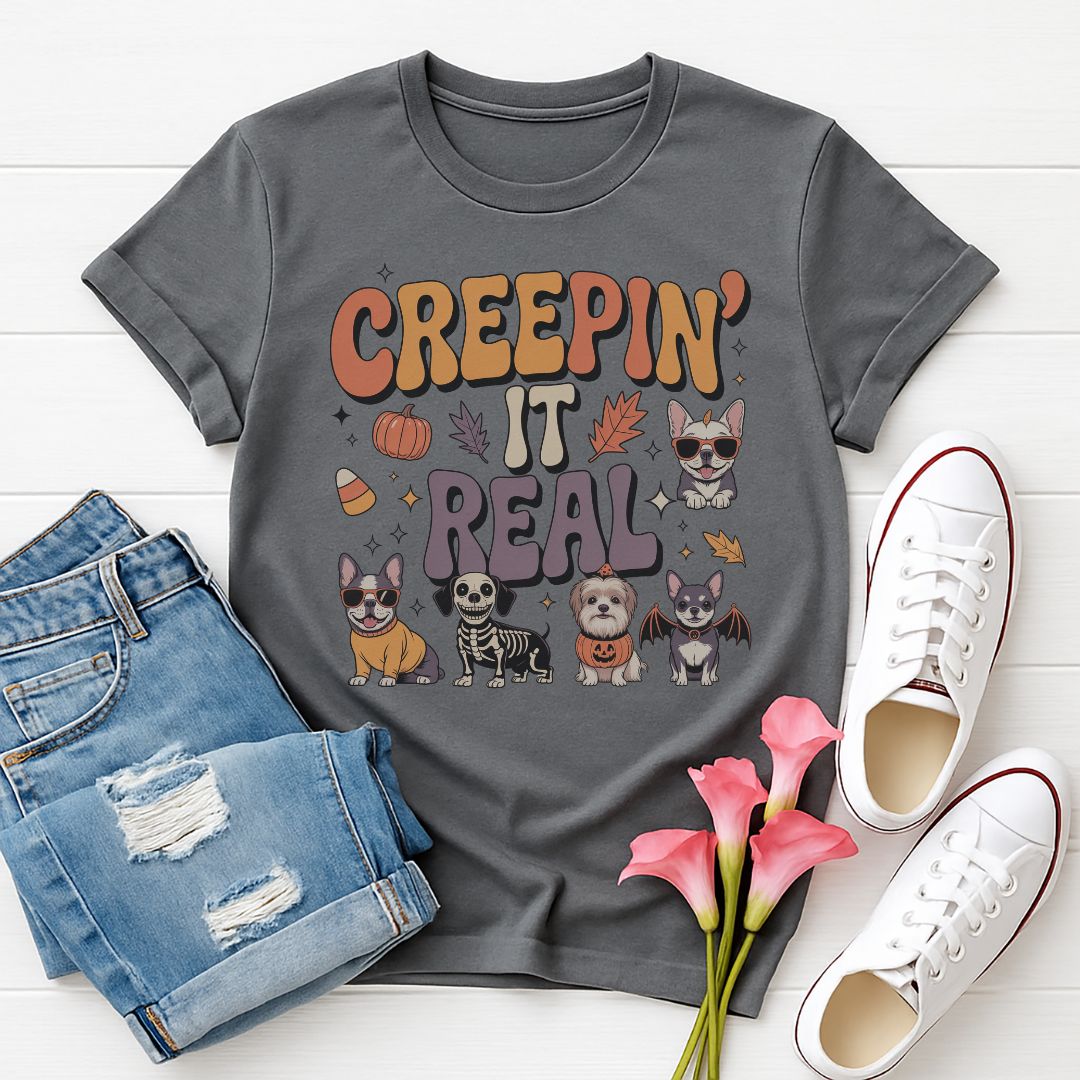Charcoal Gray Gildan 6400 unisex t-shirt with retro dog graphic and ‘Creepin' It Real' text, perfect for dog lovers.
