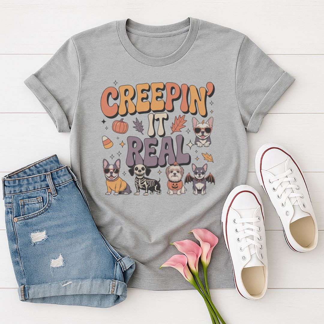 Sport Gray Gildan 6400 unisex t-shirt with retro dog graphic and ‘Creepin' It Real' text, perfect for dog lovers.