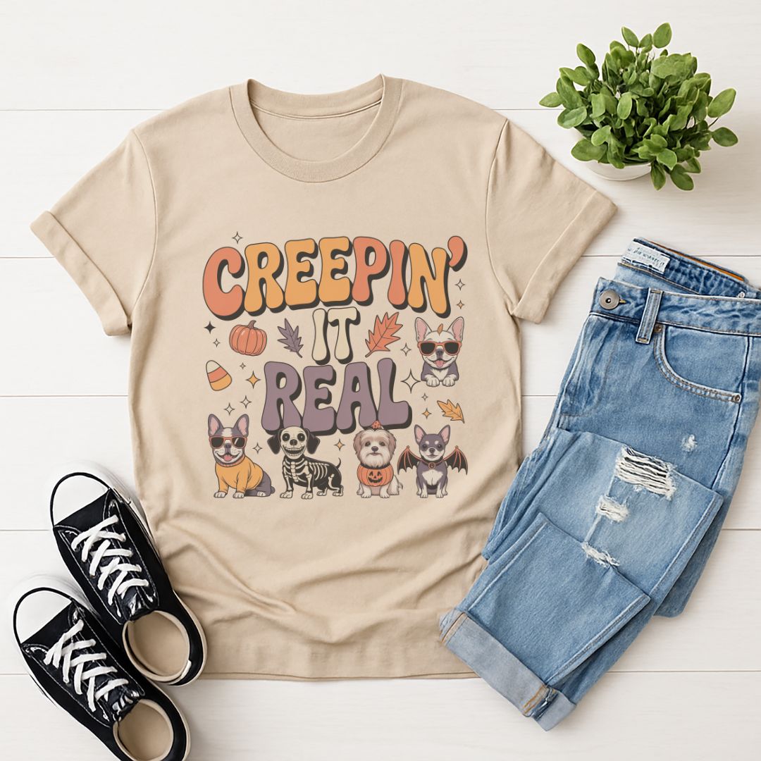 Sand Beige Gildan 6400 unisex t-shirt with retro dog graphic and ‘Creepin' It Real' text, perfect for dog lovers.