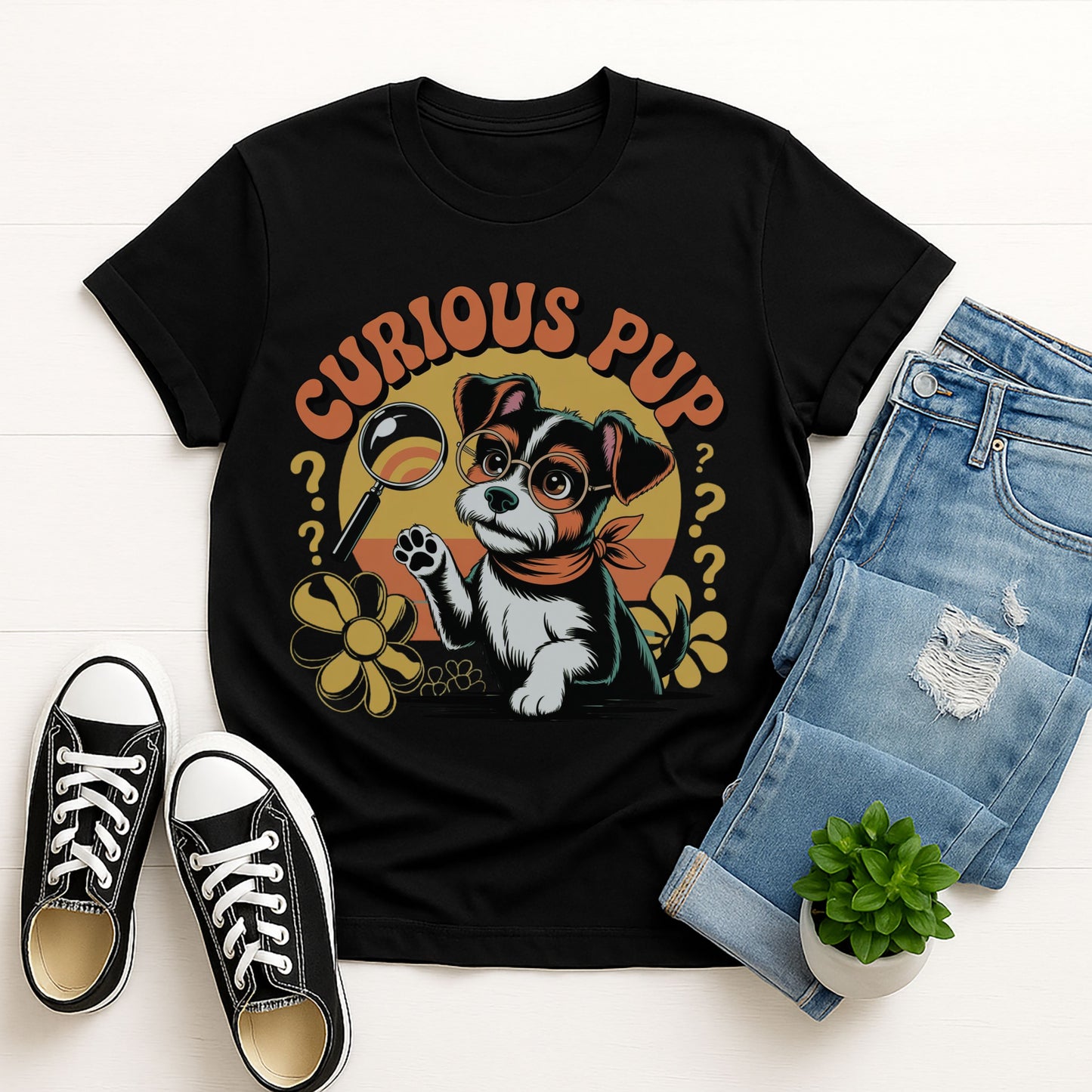 Black Gildan 6400 unisex t-shirt with retro dog graphic and ‘Curious Pup’ text, perfect for dog lovers.