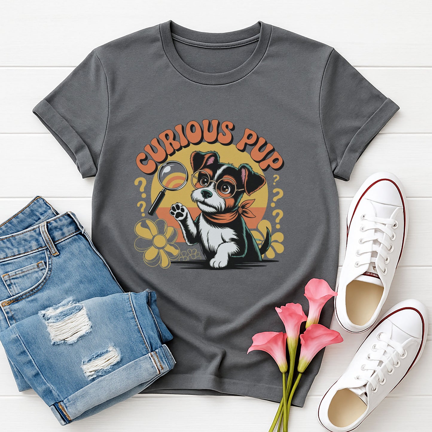 Charcoal Gildan 6400 unisex t-shirt with retro dog graphic and ‘Curious Pup’ text, perfect for dog lovers.