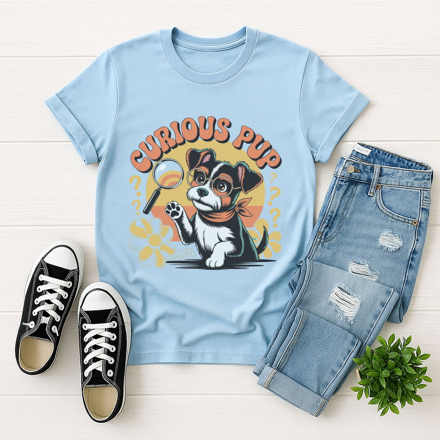 Light Blue Gildan 6400 unisex t-shirt with retro dog graphic and ‘Curious Pup’ text, perfect for dog lovers.