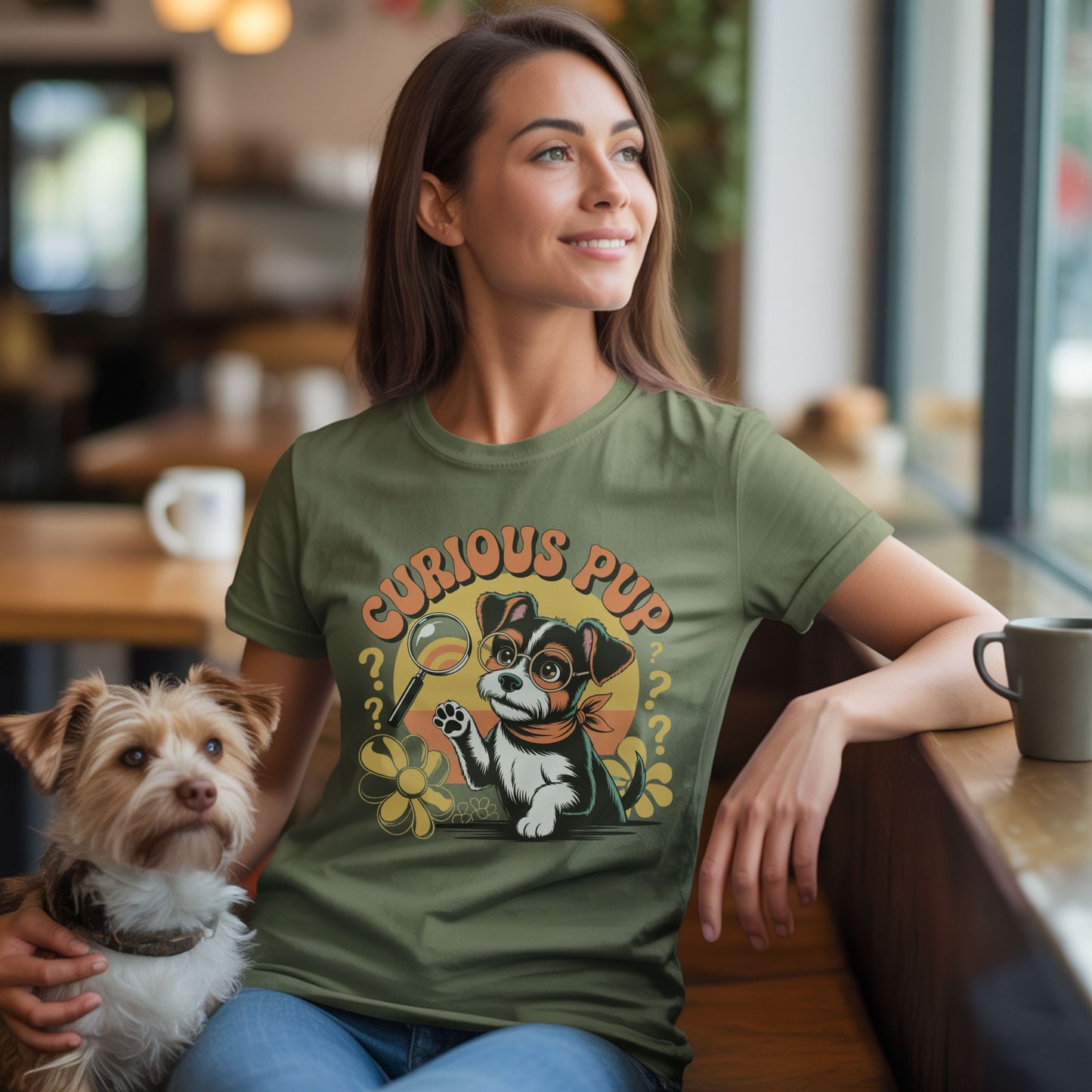Military Green unisex t-shirt with retro dog graphic and ‘Curious Pup’ text, perfect for dog lovers.