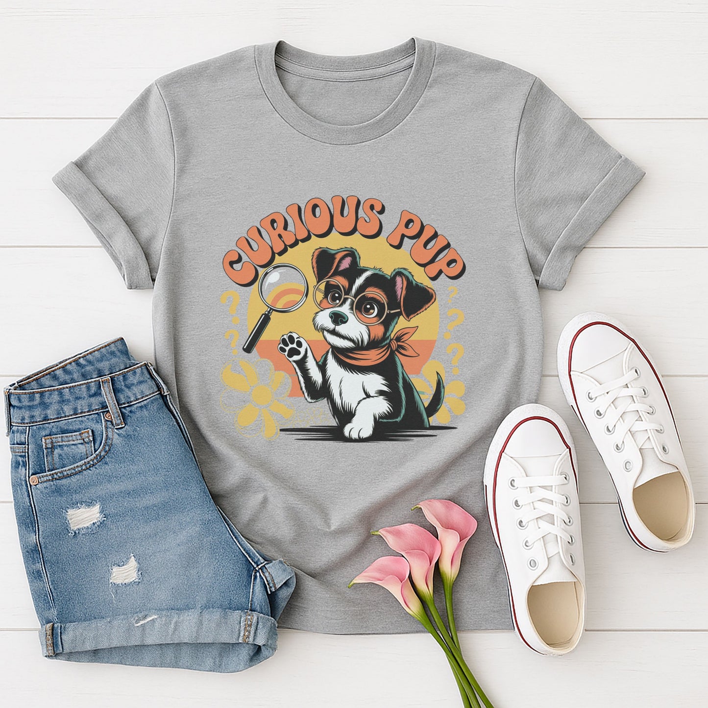 Sport Gray Gildan 6400 unisex t-shirt with retro dog graphic and ‘Curious Pup’ text, perfect for dog lovers.