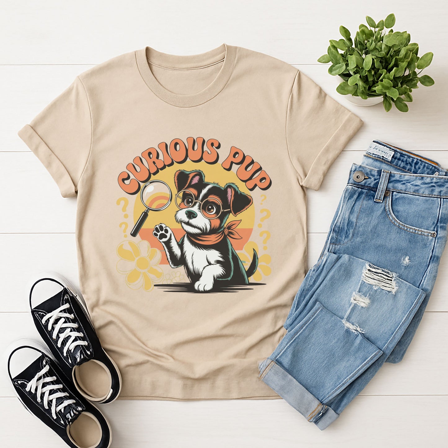 Sand Beige Gildan 6400 unisex t-shirt with retro dog graphic and ‘Curious Pup’ text, perfect for dog lovers.