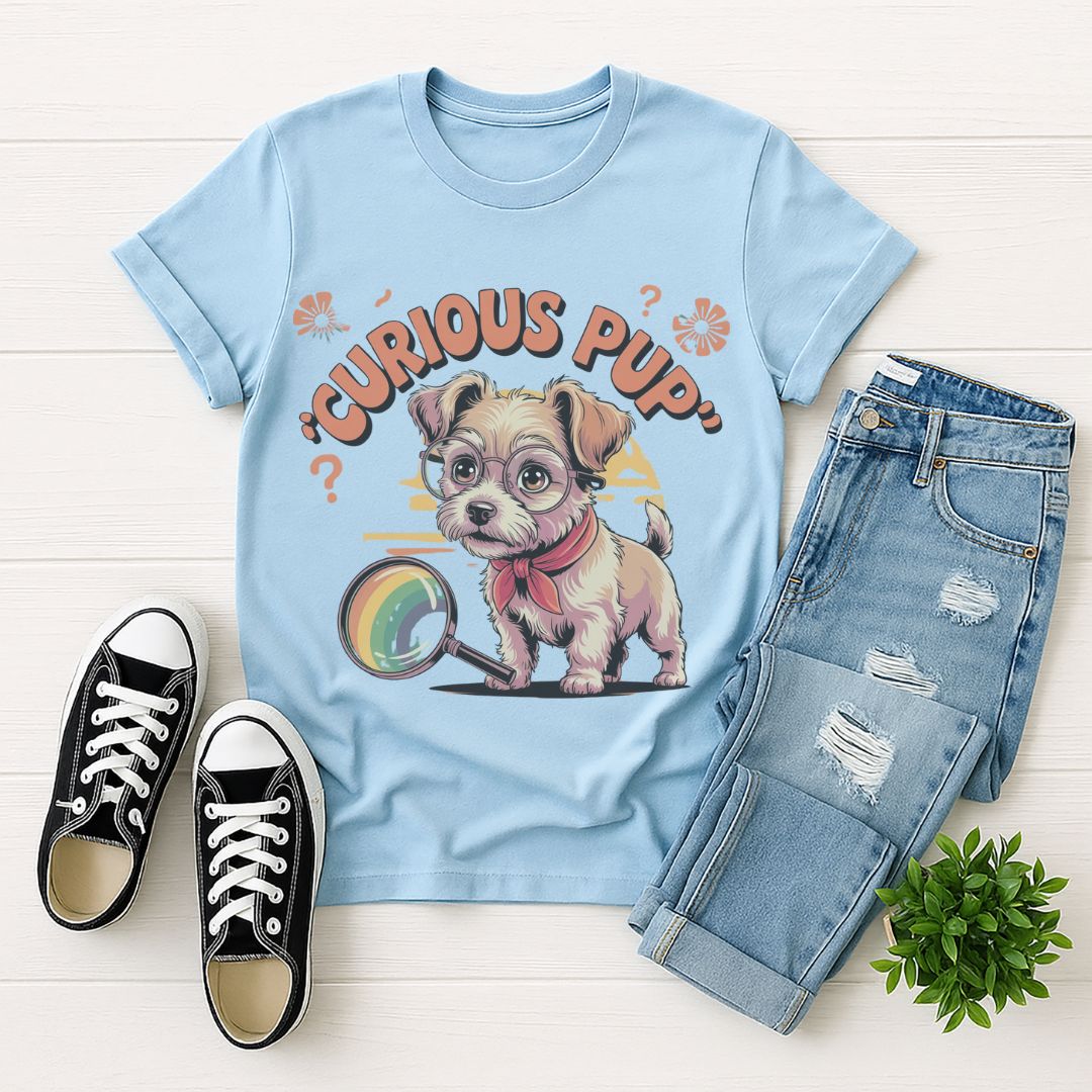 Light Blue Gildan 6400 unisex t-shirt with retro dog graphic and ‘Curious Pup text, perfect for dog lovers.