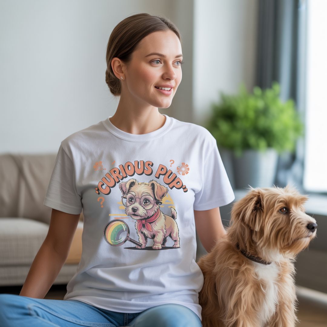 Unisex t-shirt with retro dog graphic and ‘Curious Pup text, perfect for dog lovers.