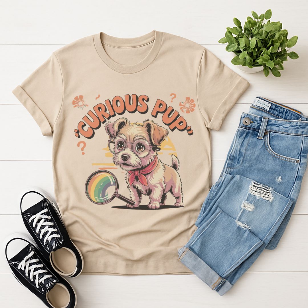 Sand Beige Gildan 6400 unisex t-shirt with retro dog graphic and ‘Curious Pup text, perfect for dog lovers.
