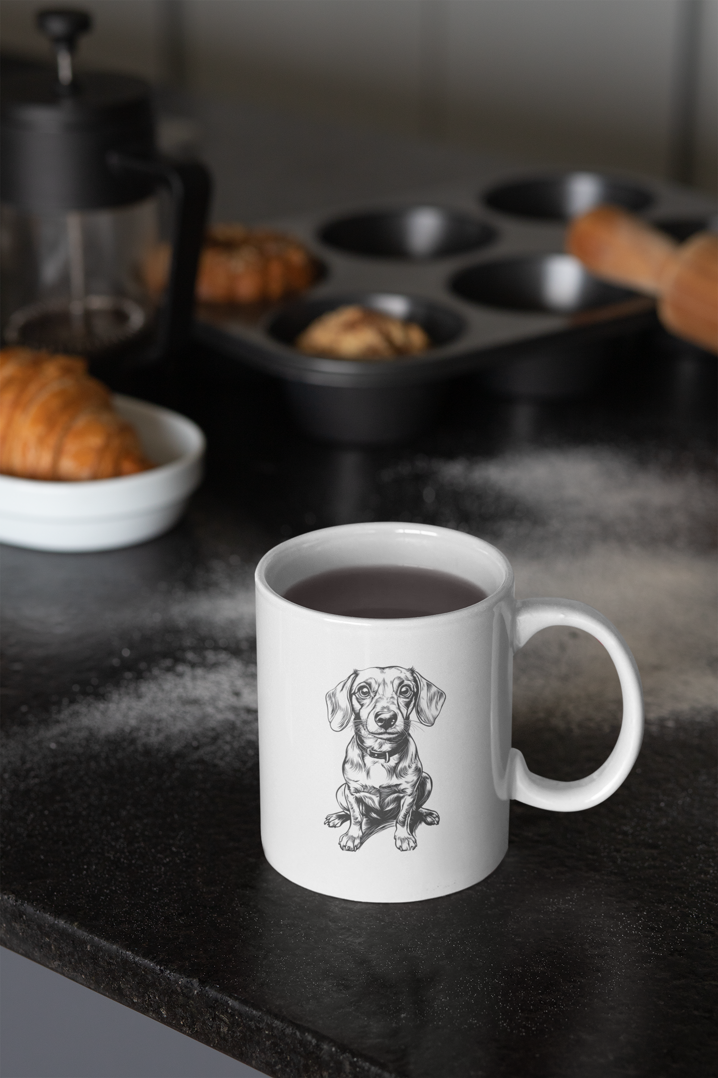 Realistic pencil drawing of a Spaniel Coffee Cup