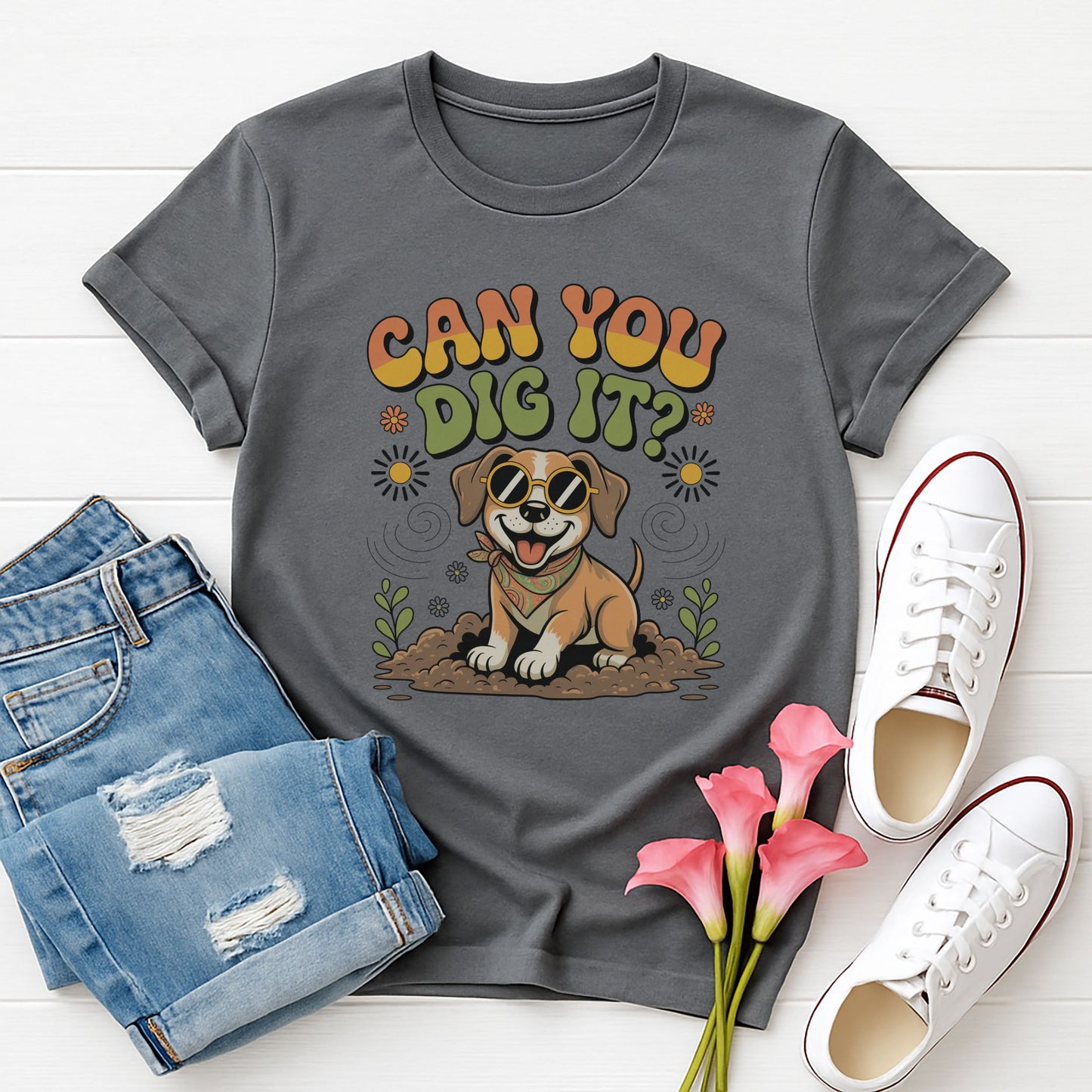 Charcoal Gray Gildan 6400 unisex t-shirt with retro dog graphic and ‘Can You Dig It?’ text, perfect for dog lovers.