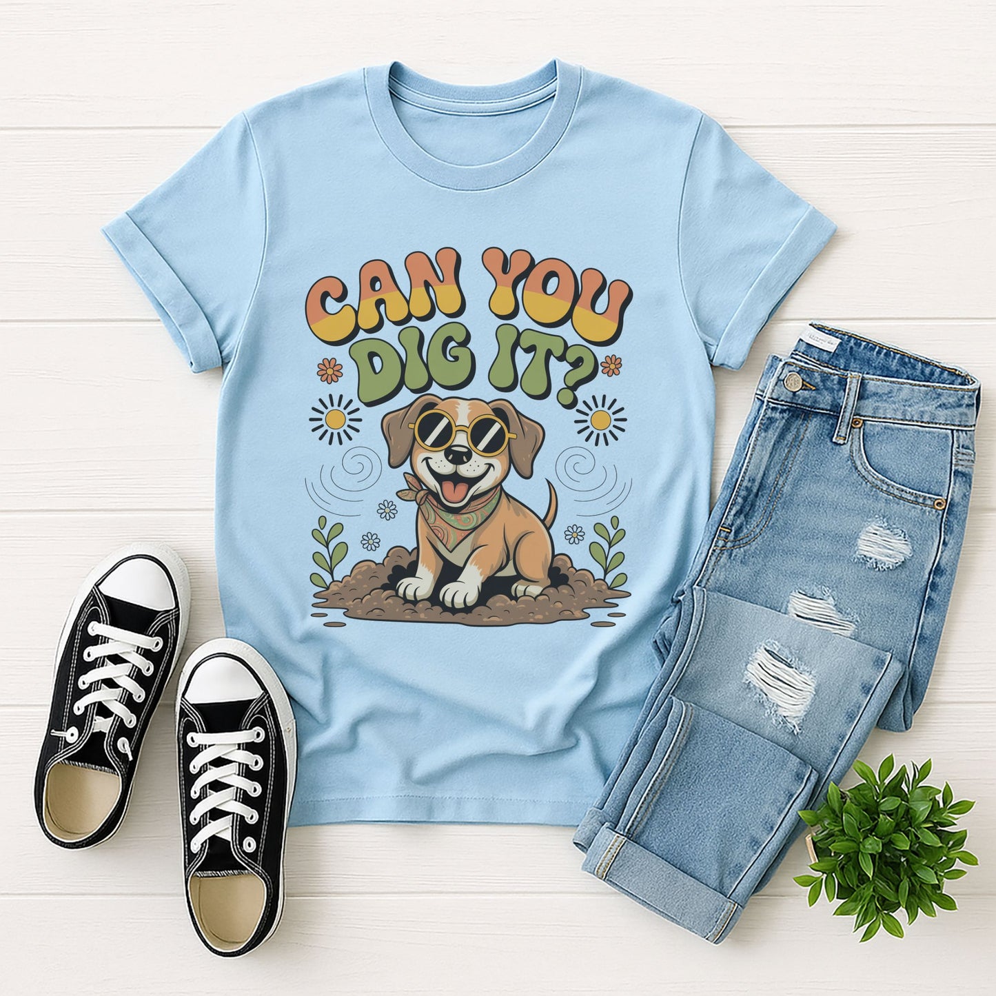 Light blue Gildan 6400 unisex t-shirt with retro dog graphic and ‘Can You Dig It?’ text, perfect for dog lovers.